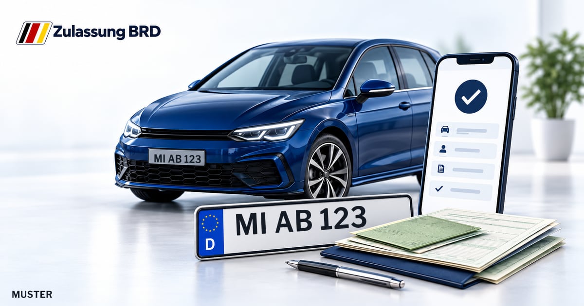 Online Fahrzeugzulassung in Hüllhorst: Musterkennzeichen MI AB 123, Auto und Fahrzeugpapiere und Smartphone. Illustration mit Logo von Zulassung BRD.